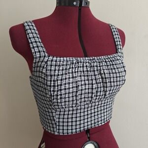 Japna Medium Black White Gingham Plaid Ruched Crop Top Wide Strap Square Neck